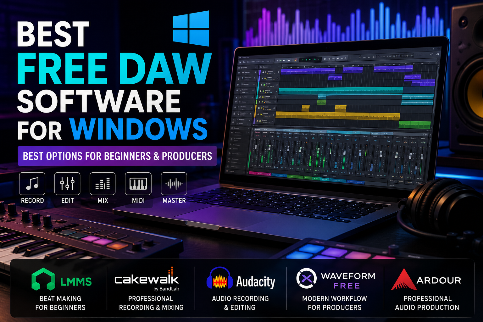 Laptop showing free DAW software for Windows with music production setup, MIDI keyboard, and audio editing tools.