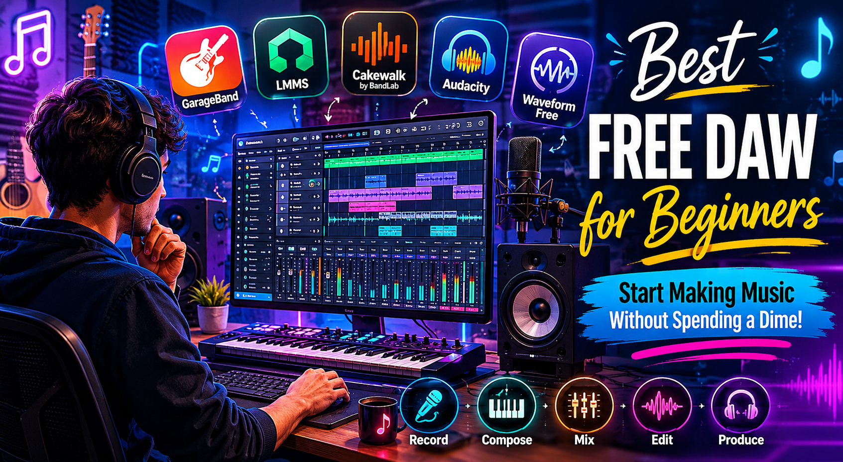 Young music producer working on a Windows PC with a digital audio workstation interface, surrounded by free DAW software icons and music production equipment in a neon-lit studio.